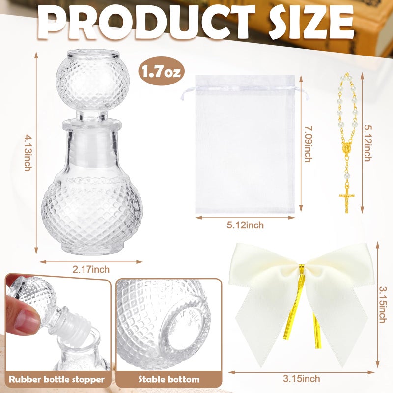 Chuangdi 12 Sets Holy Bottle Baptism Favors with Cross Rosary 50ml Empty Glass Holy Container Bow Water Bottle for Guests Baptism Gifts Church Wedding Baptism Favors(Delicate) - Image 2